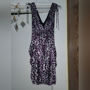 City Triangles Purple and Black Leopard Mini Dress Never Worn Rouching On Straps